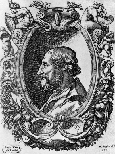 Portræt af Ludovico Ariosto (1474-1533), italiensk digter og dramatiker, Medaglie del Doni, gravering af Enea Vico (1523-1567) af John Ward Dunsmore