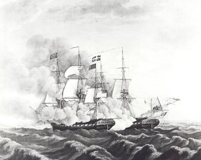 USS Constitution og HMS Guerriere (litho) af John Ward Dunsmore