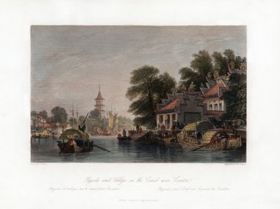 Pagoda and Village, på kanalen nær Canton, Kina, c1840. af W. H. Capone