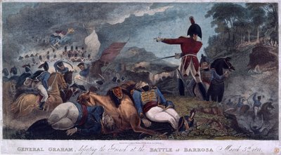 General Graham besejrede franskmændene i slaget ved Barrosa, indgraveret af J. Edwards, udgivet af Almanack Stationers, 1812 af W. Hal Brooke