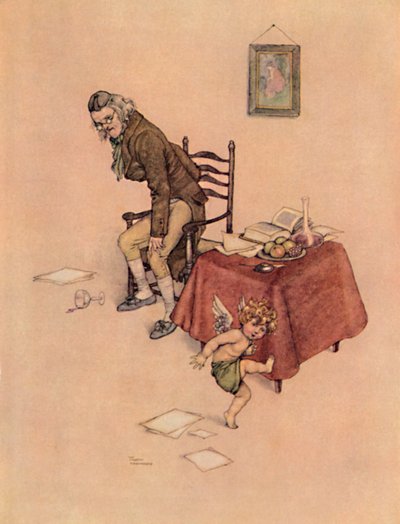 Han sprang ned fra den gamle mands skød og dansede omkring ham på gulvet, c1930 af William Heath Robinson
