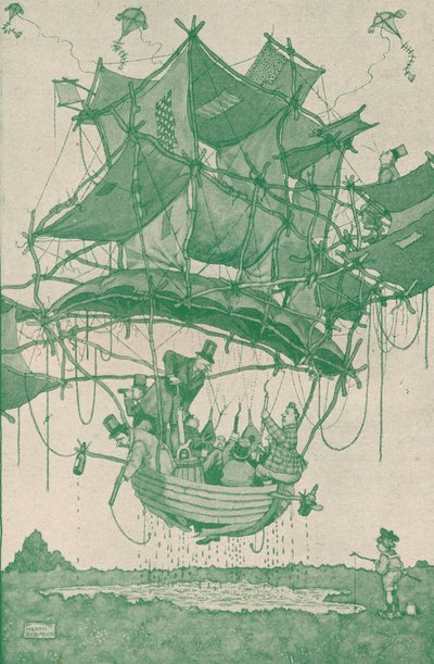 En ret tidlig type vandflyvemaskine, der laver en prøveflyvning fra Hampstead Ponds, c1918 1919 af William Heath Robinson