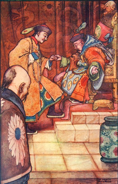 Da den unge mand er faldet for hans fødder, holdt sultanen ham i hånden, ca. 1930. af William Heath Robinson
