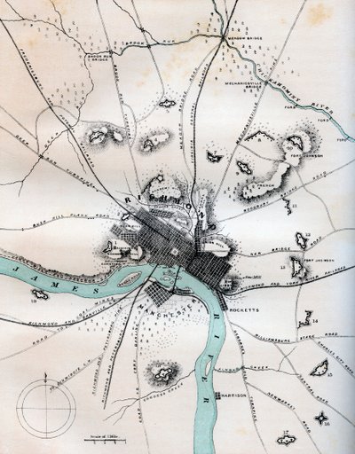 Et kort over Richmond og dets nærhed, der viser alle batterier, 1862-1867. af W Kemble