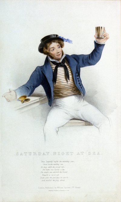 Lørdag aften til søs, sømand løfter sit bæger for at drikke. Farvelitografi af W. Kohler