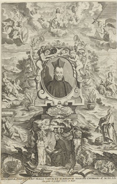 Portræt af Jeremias Drexel Titelside for: JE. Drexel, De sonne-bloeme oft Vande over-a-cominge van den menscheliicken wille met de[n] godtliicke[n], 1660 af W Merel van