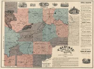 På engelsk:  Viser matrikel- og bloknumre og beboernes navne. Godkendt som det eneste officielle kort over Cherokee County. To ark sat sammen til 1, monteret på lærred. LC Land ownership maps, 87 Indeholder tekst og ill. Fås også gennem biblioteket af W. P. Bullock