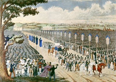 Fagforeningsmandsmøde i Københavns Marker, 1834 (farvestik) af W. Summers