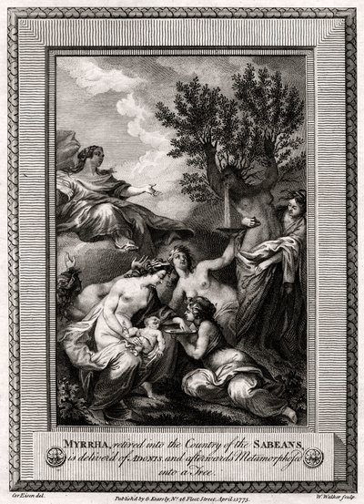 Myrrha, trukket tilbage til Sabeernes land, bliver leveret af Adonis..., 1775 af W. Walker