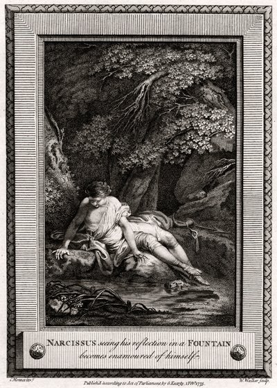Narcissus, der ser sin spejling i en fontæne, bliver forelsket i sig selv, 1775 af W. Walker