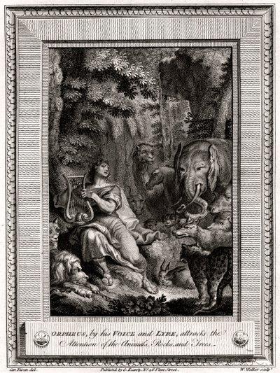 Orpheus, ved sin stemme og lyre, tiltrækker opmærksomheden fra Animals, Rocks and Trees, 1774. af W. Walker