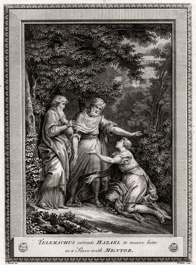 Telemachus beder Hazael om at modtage ham som en slave med mentor, 1775 af W. Walker