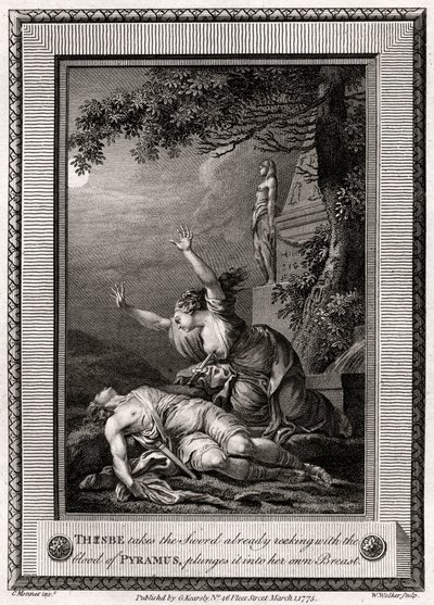 Thisbe tager det sværd, der allerede lugter af Pyramus blod, kaster det ind i..., 1775. af W. Walker