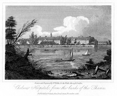 Chelsea Hospital, fra Banks of the Thames, London, 1816. af W. Wallis