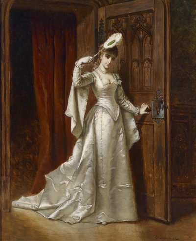 Elegant dame i hvid damaskkjole af Władysław Bakałowicz