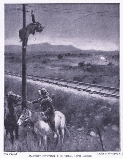 Fanget i at skære ledningerne, illustration fra After Pretoria: The Guerilla War, 1902 af Wal Paget