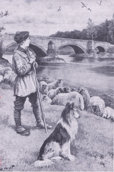 Synet af den gamle romerske bro ved Musselburgh vækker fantasien hos hyrdedrengen John Rennie fra My Magazine, pub.1922 (litho) af Wal Paget