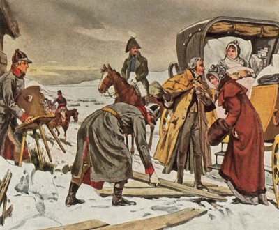 Dronning Louise flygter til Memel, 5. januar 1807 (forstærket farvelitografi) af Waldemar Friedrich