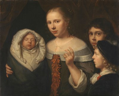 Portræt af en ung kvinde med tre børn af Wallerant Vaillant (attributed to)