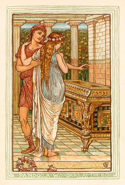 Pandora undrer sig over æsken (farvelitografi) af Walter (after) Crane