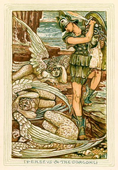 Perseus og gorgonerne (farvelitografi) af Walter (after) Crane