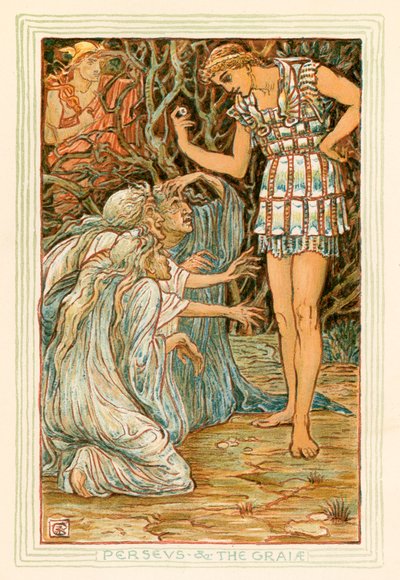 Perseus og Graiae (farvelitografi) af Walter (after) Crane