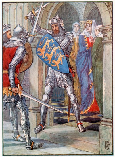 Kampen i dronningens forværelse (farvelitografi) af Walter (after) Crane