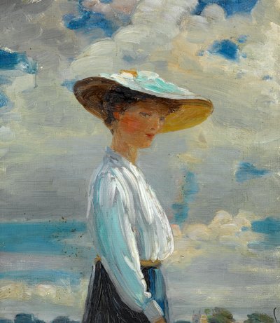 Halvlang figurstudie af en dame i bredskygget hat af Walter Bonner Gash
