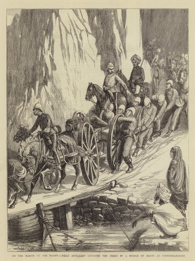 På march til fronten, feltartilleriet krydser Indus med en bro af både ved Khooshiahgurh af Walter Charles Horsley