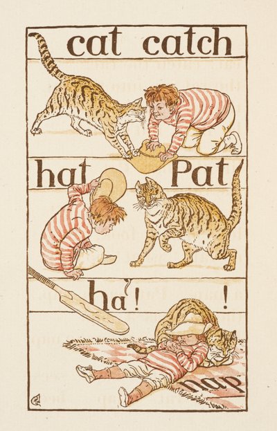 En dreng leger med en kat. Illustration i 
