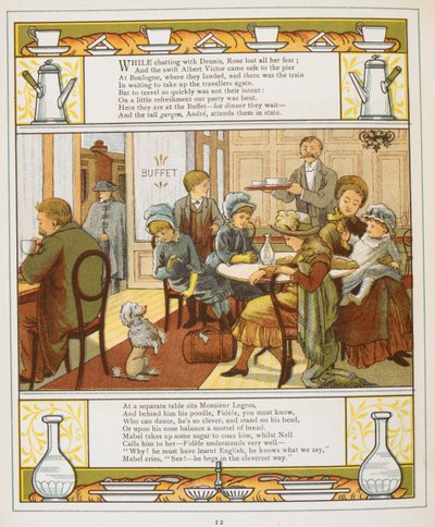 En familie med forfriskninger i en buffet. Farveillustration fra 