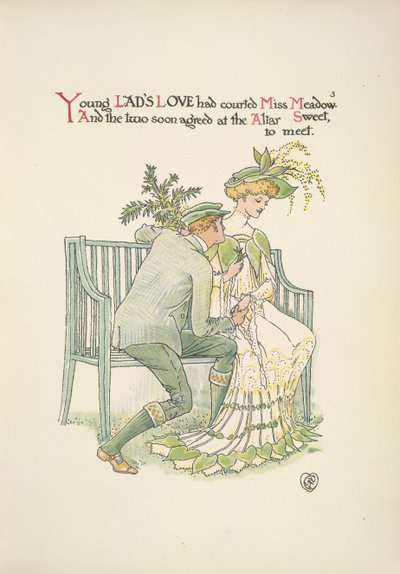 En ung mand, der bejler til en ung kvinde, Miss Meadow af Walter Crane