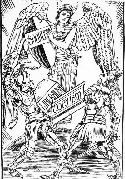 Allegori om Walter Crane: Socialismen sejrer hårdt i kampen mellem liberalisme og torysme (det engelske konservative parti). Stik fra slutningen af 1800-tallet. af Walter Crane