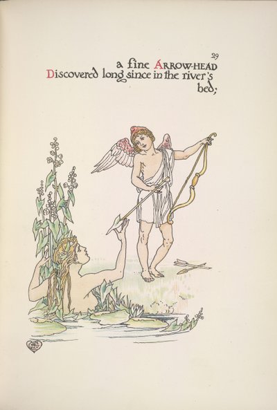 En engel, der holder en pil, og en dame i en flod eller sø af Walter Crane