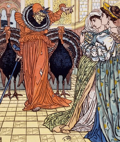 Tilsynekomst af heks ledsaget af to påfugle, gravering fra tegning af Walter Crane (1845-1915) af Walter Crane