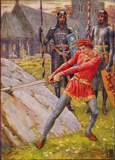 Arthur trækker sværdet fra stenen, 1911. af Walter Crane