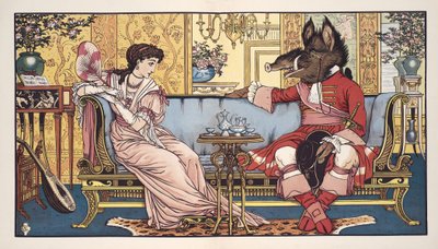 Beauty and the Beast, pub. 1874 (farve litho) af Walter Crane