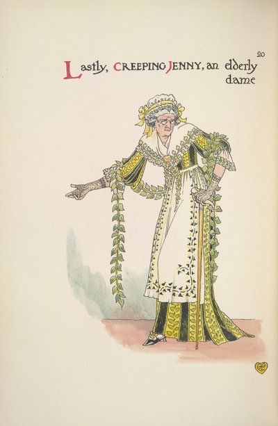 Krybende Jenny. En ældre dame, der bruger en vandrestav af Walter Crane