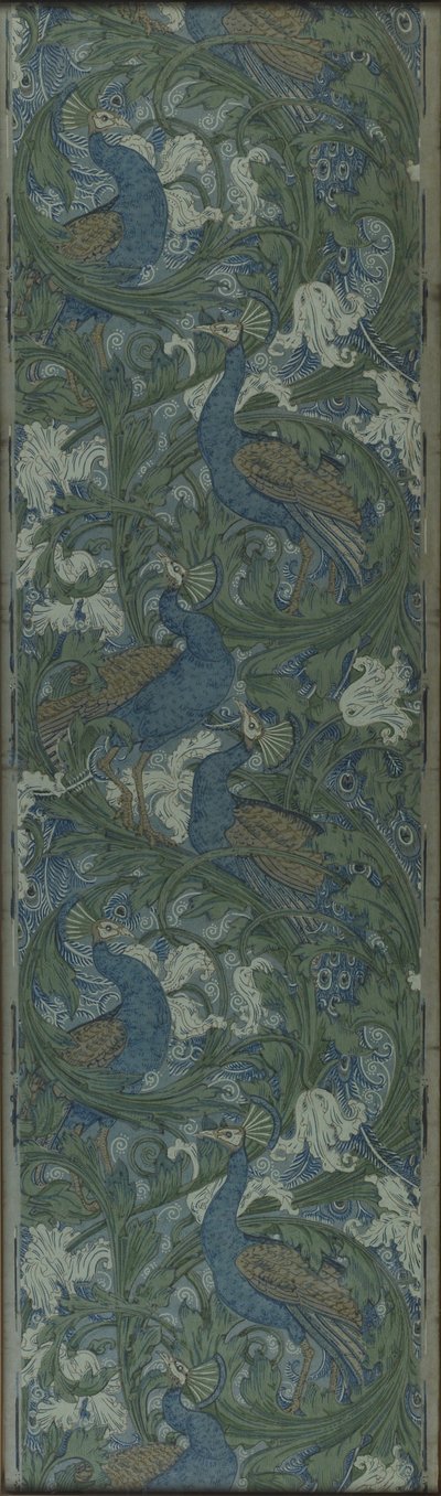 Udskåret panel af tapet med figen og påfugl, ca. 1895 (bloktrykt papir) af Walter Crane