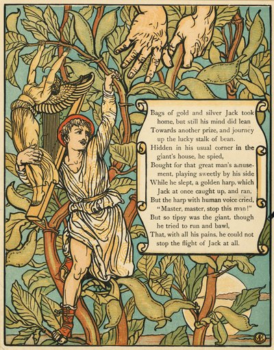 Jack, der stiger ned af Beanstalk fra Jack and the Beanstalk pub. 1875 (farve litho) af Walter Crane
