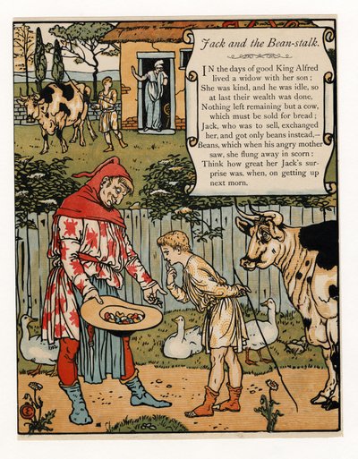 Jack sælger sin ko for bønner, fra The Blue Beard Picture Book, pub. 1879 (farve litho) af Walter Crane