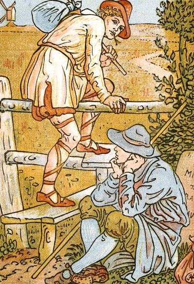 Jog On, Jog On, sangillustration fra Pan-Pipes, En bog med gamle sange, nyarrangeret og med akkompagnement af Theo. Marzials, udgivet i London af George Routledge & Sons, 1884 (de af Walter Crane