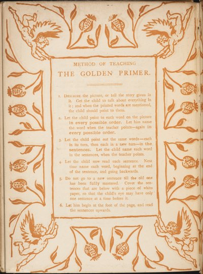 Metode til at undervise i Golden Primer. Blomstergrænser med kerubs. af Walter Crane