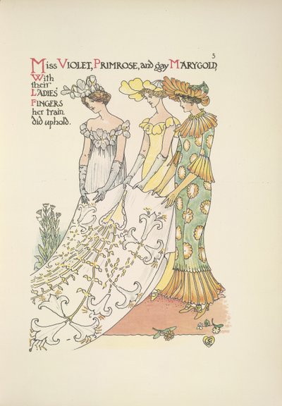 Miss Violet, Primrose og homoseksuelle Marygold. Tre unge damer af Walter Crane