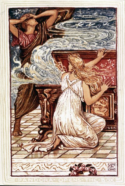 Pandora åbner æsken. Illustration af Walter Crane til "Wonder book for girls and boys", London 1893. af Walter Crane
