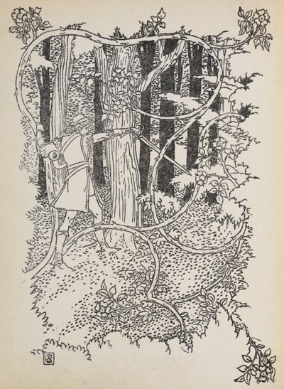 Prince Charming skærer sig vej gennem den tilgroede skov til Tornerose. af Walter Crane