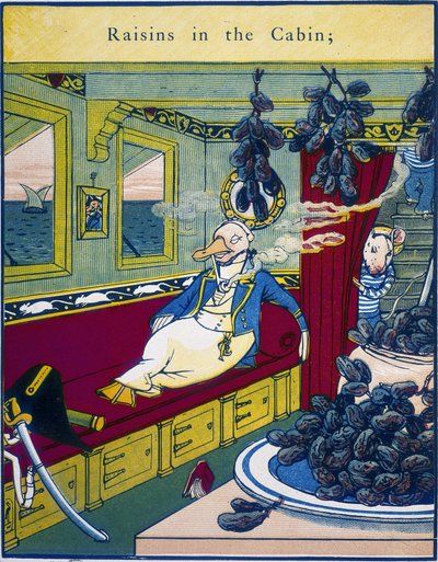 ""Druer i kahytten"", scene i en skibs kahyt med en klase vindruer i forgrunden - i ""Routledges farvede billedbog"", indeholdende ""The Grizzly Bear King"", ""The magic boat", ""Rumpelstiltskin"", og ""Puffys eventyr"", af Walter Crane