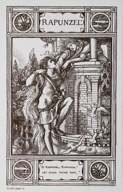Rapunzel læner sig ud af vinduet i et tårn, mens en prins klatrer op i hendes hår. af Walter Crane