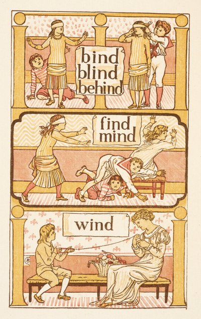 Rimende ord, der ender på bogstavet D. En omgang blind mands buff. For at illustrere brugen af bogstavet i. Den gyldne primer. af Walter Crane