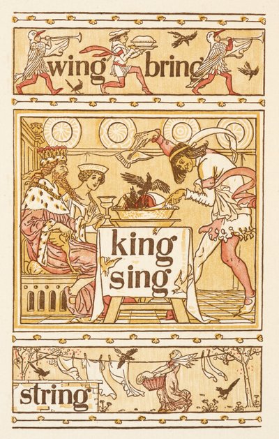 Rimende ord, der ender på bogstavet G. Solsorte i en tærte. En vaskesnor. Den gyldne primer. af Walter Crane